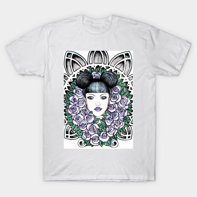 Purple Gothic Beauty In Roses Chruch Windows T-Shirt by stickypixie